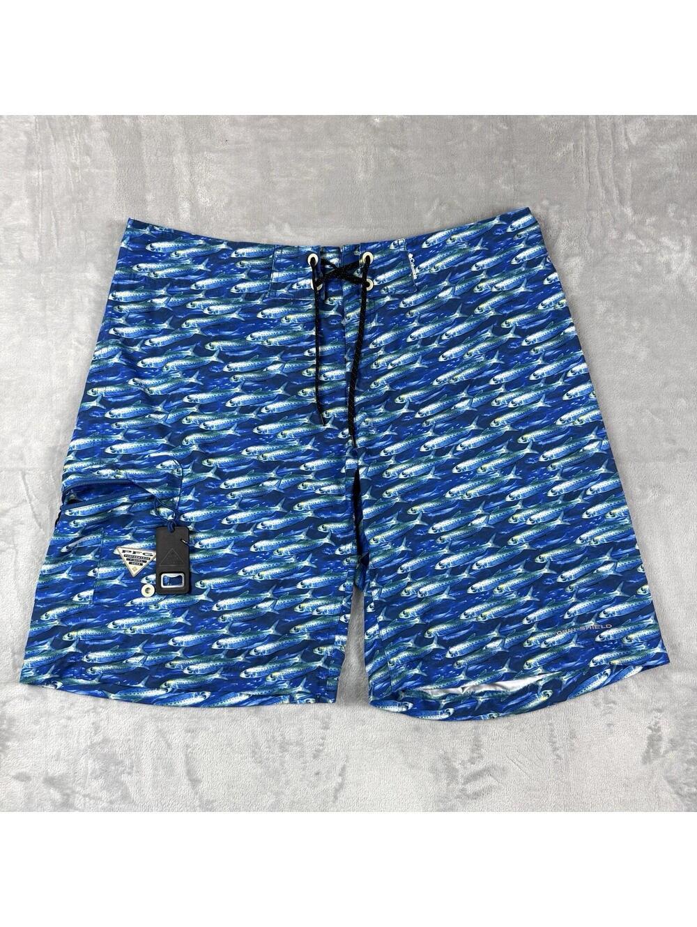 Columbia PFG Fish Print Board Shorts Blue Omni Shield Men 40 With Bottle Opener